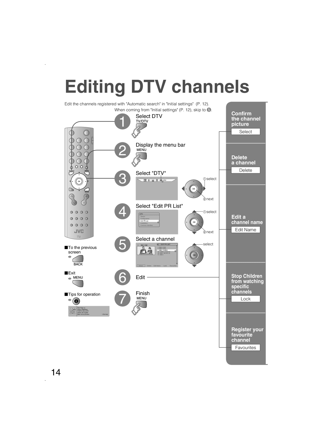 JVC LCT1847-001B-U Editing DTV channels, Select DTV, Display the menu bar, Select Edit PR List, Select a channel, Finish 