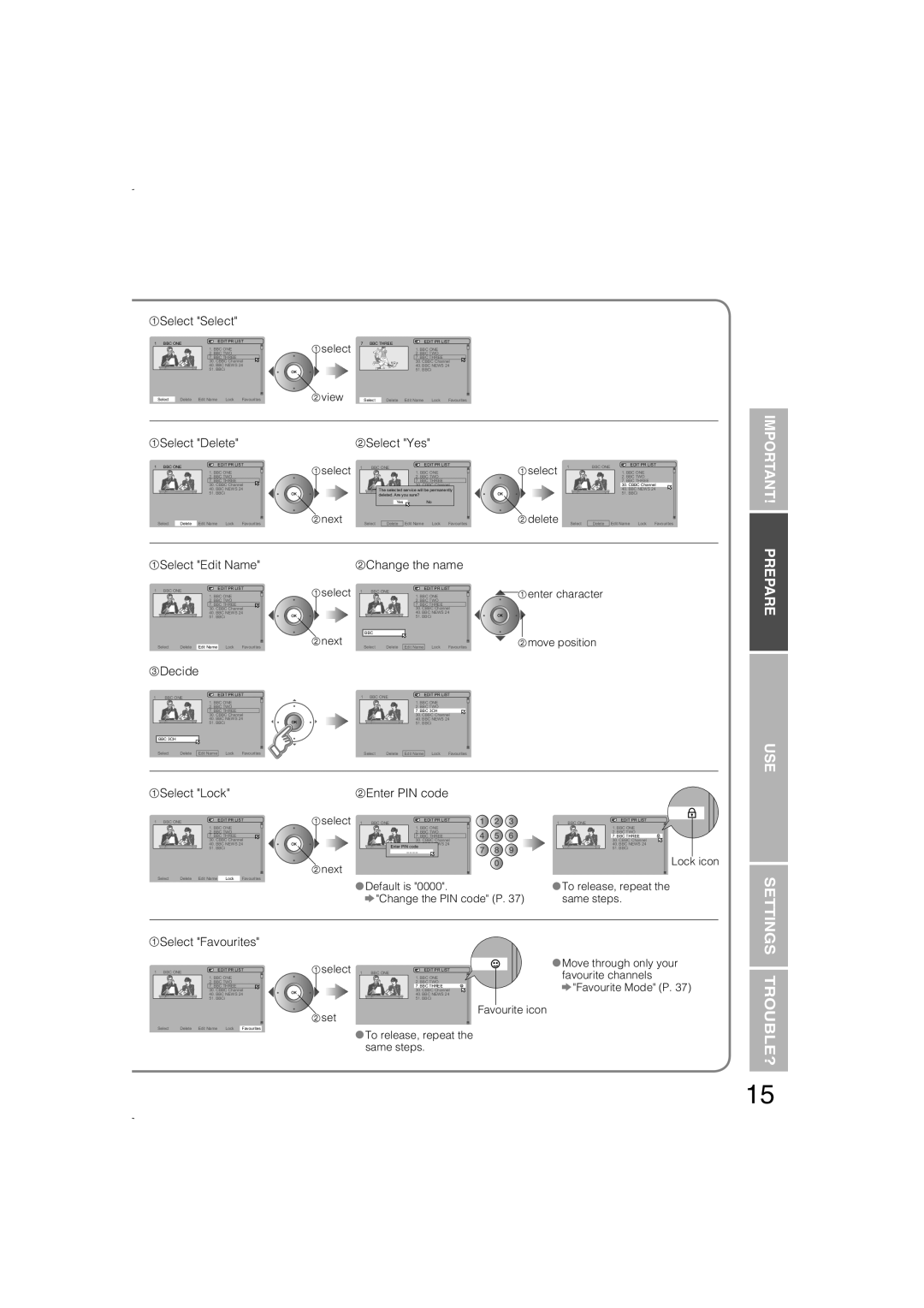 JVC LCT1847-001B-U manual Prepare Use, Select Select, Select Delete, Select Yes, Select Edit Name, Decide, Change the name 