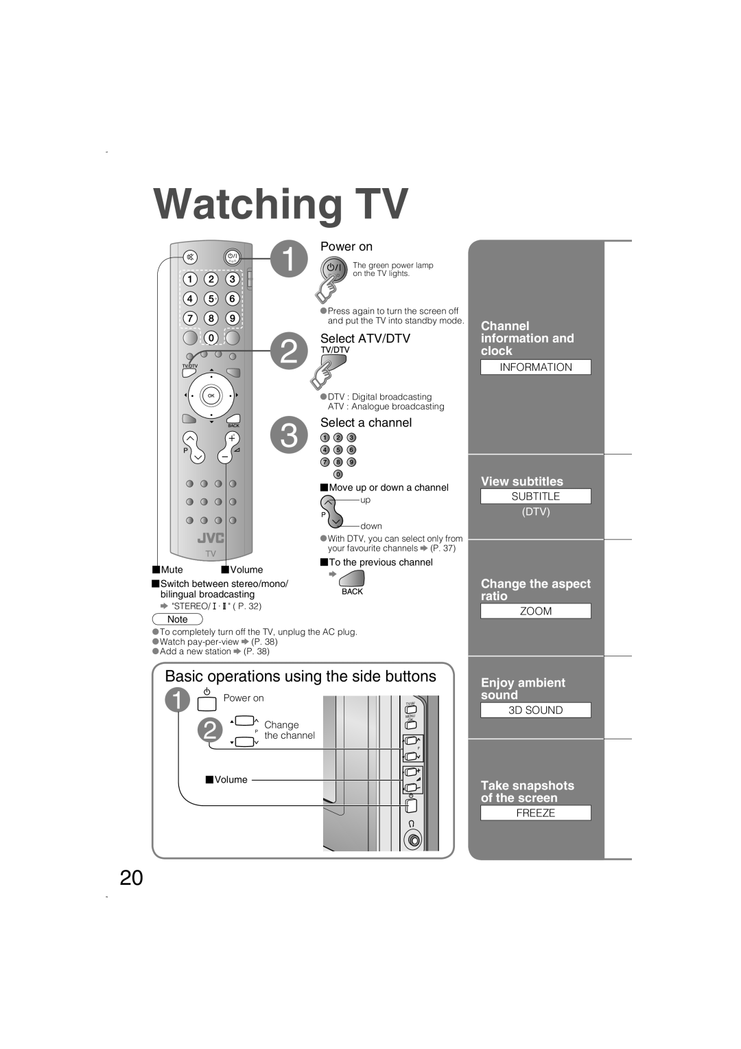 JVC LCT1847-001B-U Watching TV, Basic operations using the side buttons, Channel information and clock, View subtitles 