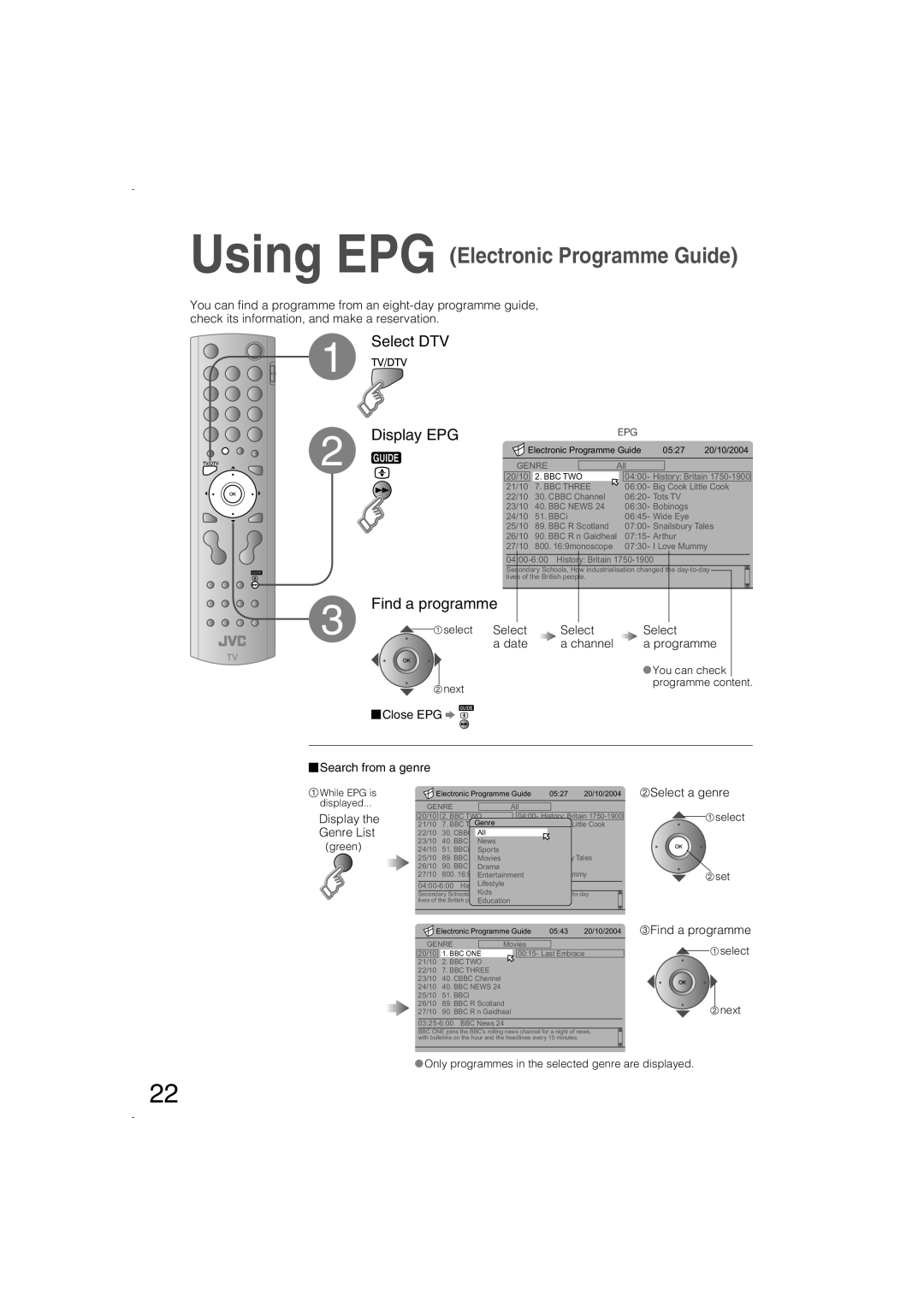 JVC LCT1847-001B-U manual Using EPG Electronic Programme Guide, Select DTV Display EPG Find a programme 