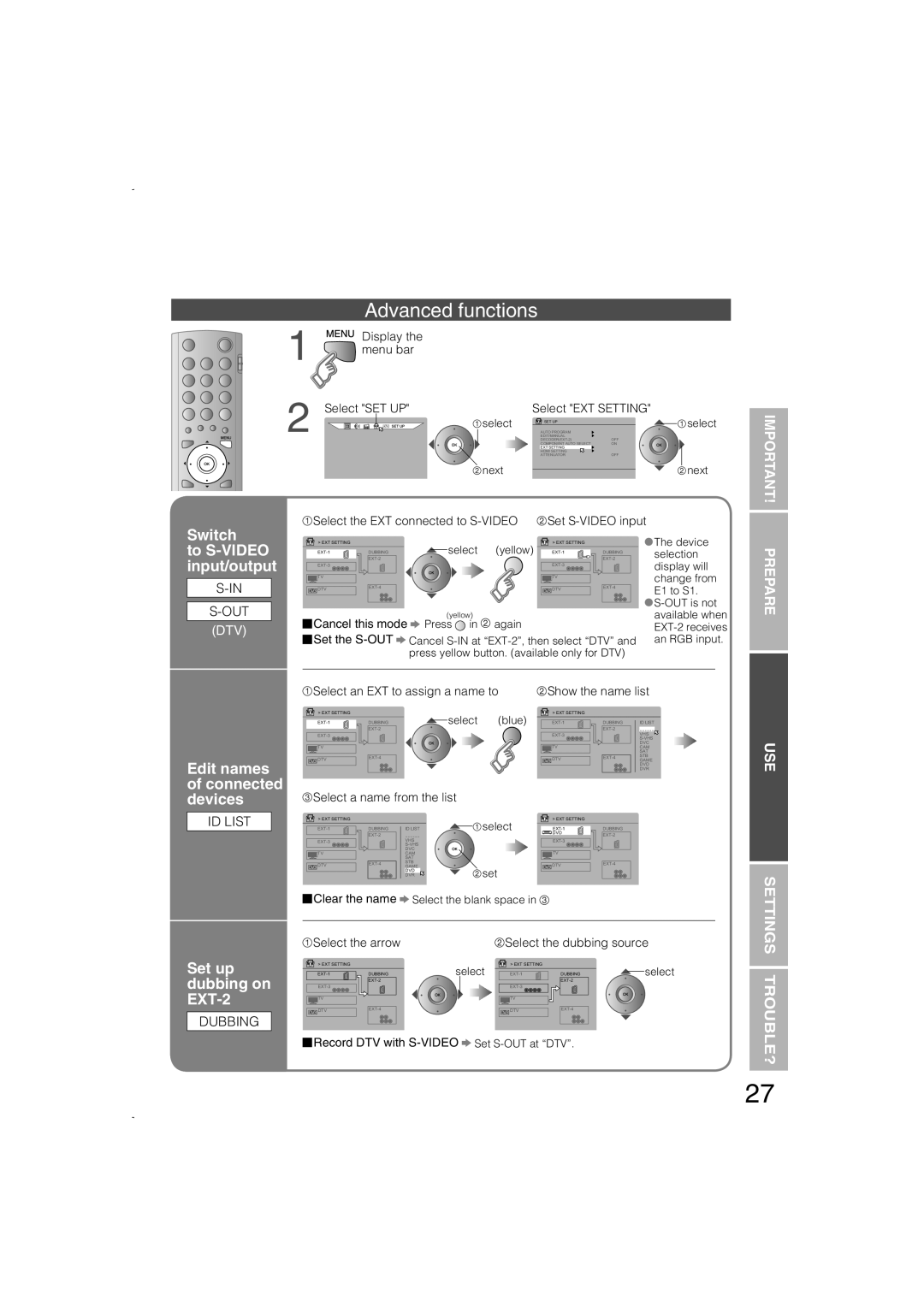 JVC LCT1847-001B-U Advanced functions, Switch to S-VIDEO input/output, Edit names of connected devices, Trouble?, Prepare 