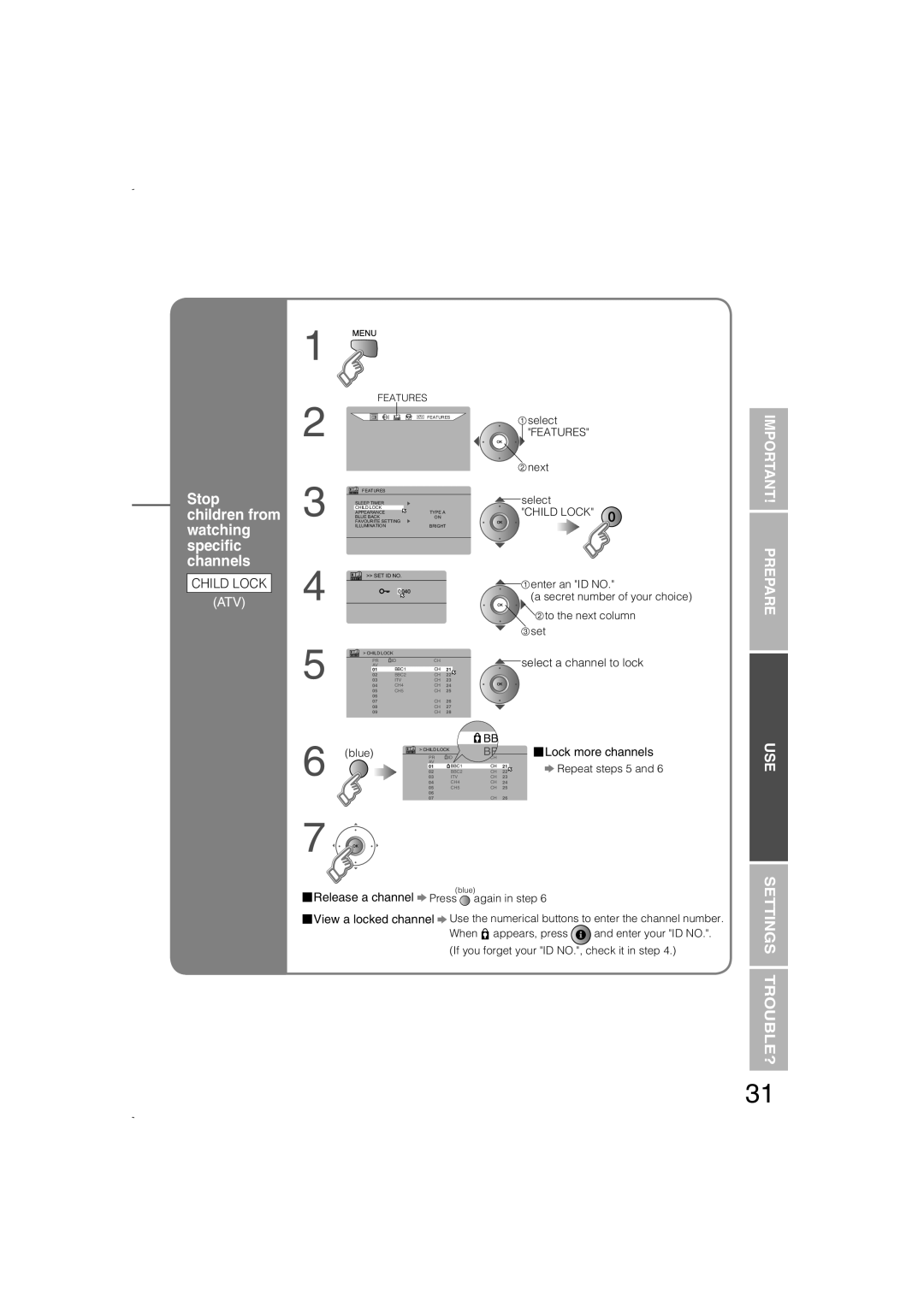 JVC LCT1847-001B-U manual Settings Trouble?, Stop children from watching speciﬁc channels, Important! Prepare, Child Lock 