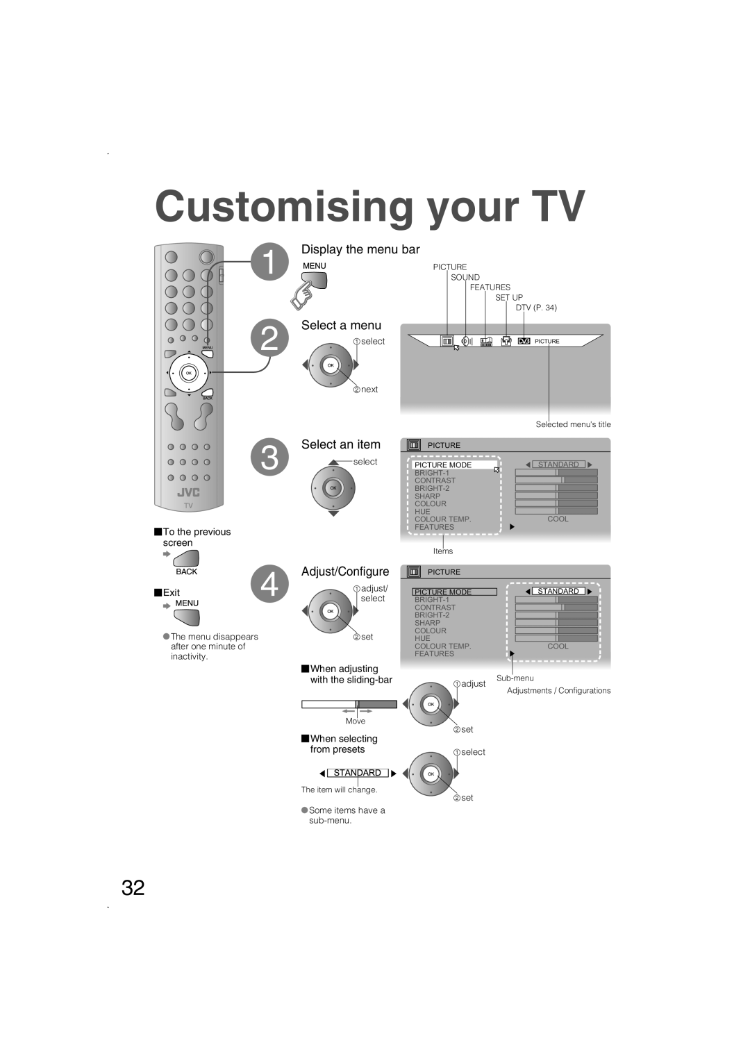 JVC LCT1847-001B-U manual Customising your TV, Display the menu bar, Select a menu, Select an item, Adjust/Conﬁgure 