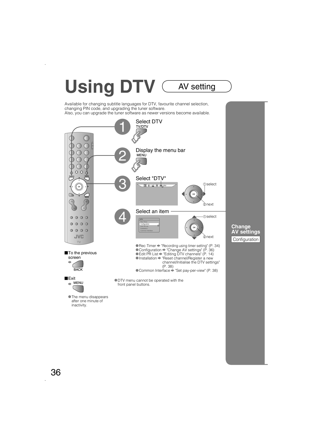 JVC LCT1847-001B-U manual Using DTV, Change AV settings, Select DTV, Display the menu bar, Select an item 