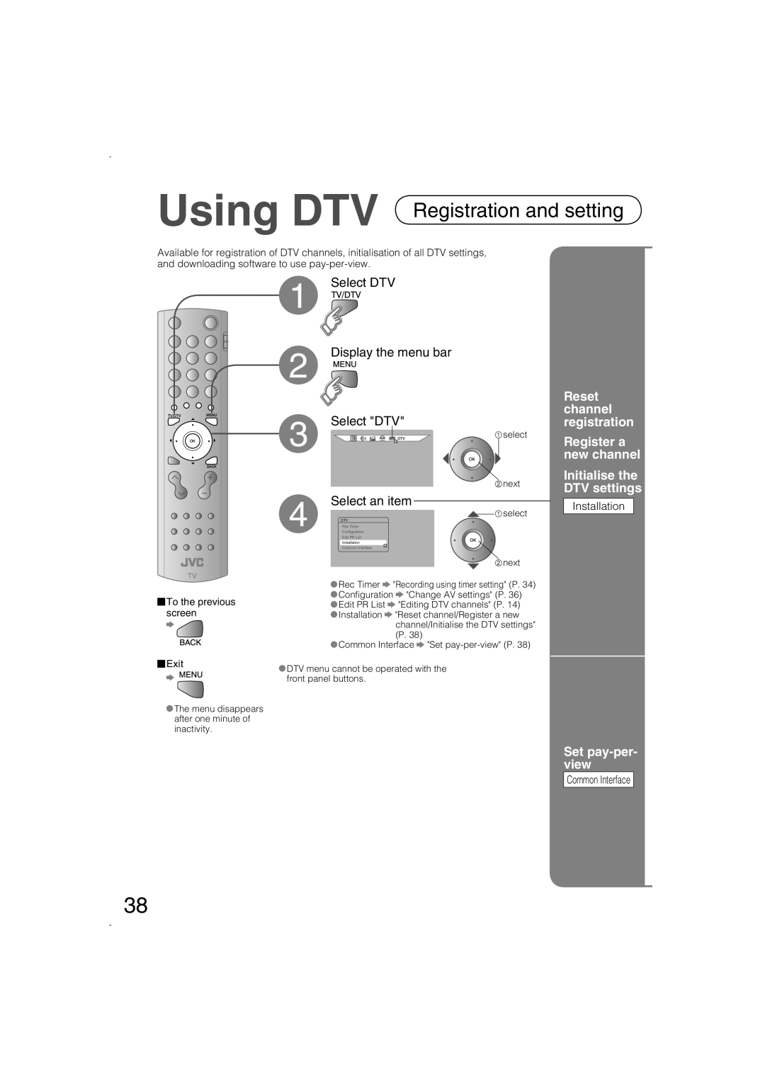 JVC LCT1847-001B-U Using DTV Registration and setting, Reset channel registration, Initialise the DTV settings, Select DTV 