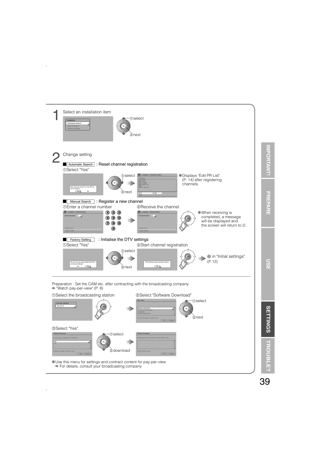 JVC LCT1847-001B-U manual Prepare Use, Settings Trouble?, Automatic Search, Factory Setting, Installation 