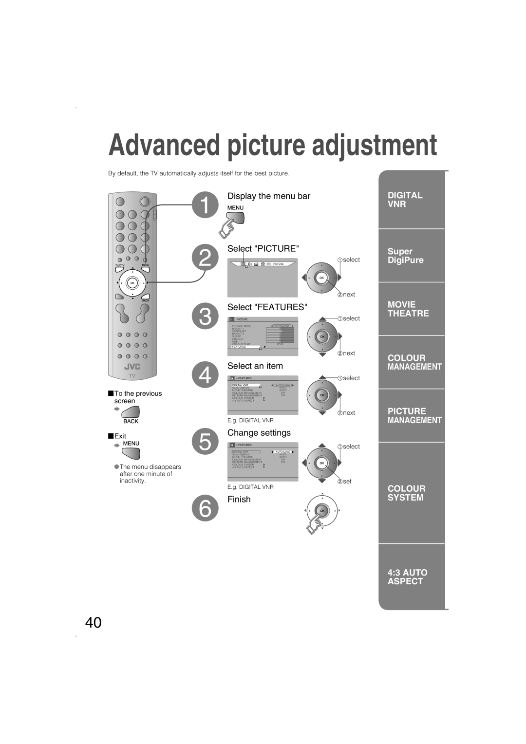 JVC LCT1847-001B-U DIGITAL VNR Super DigiPure MOVIE THEATRE, Colour System, Auto Aspect, Advanced picture adjustment, next 