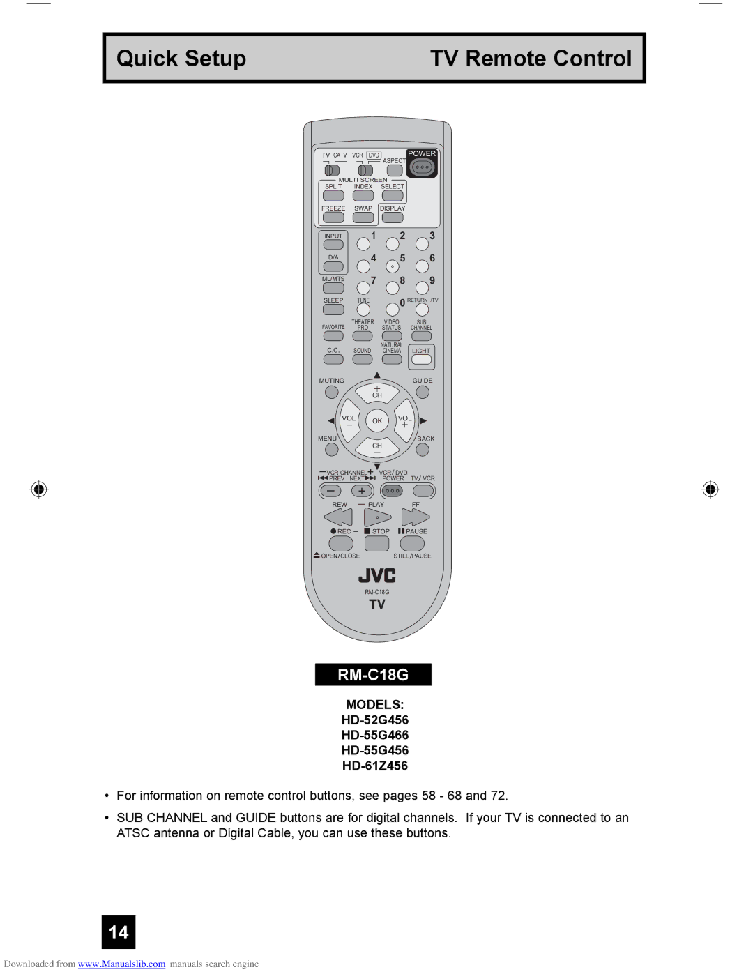 JVC HD-55G466, LCT1928-001A-A, HD-61Z456, HD-55G456 manual Quick Setup TV Remote Control 