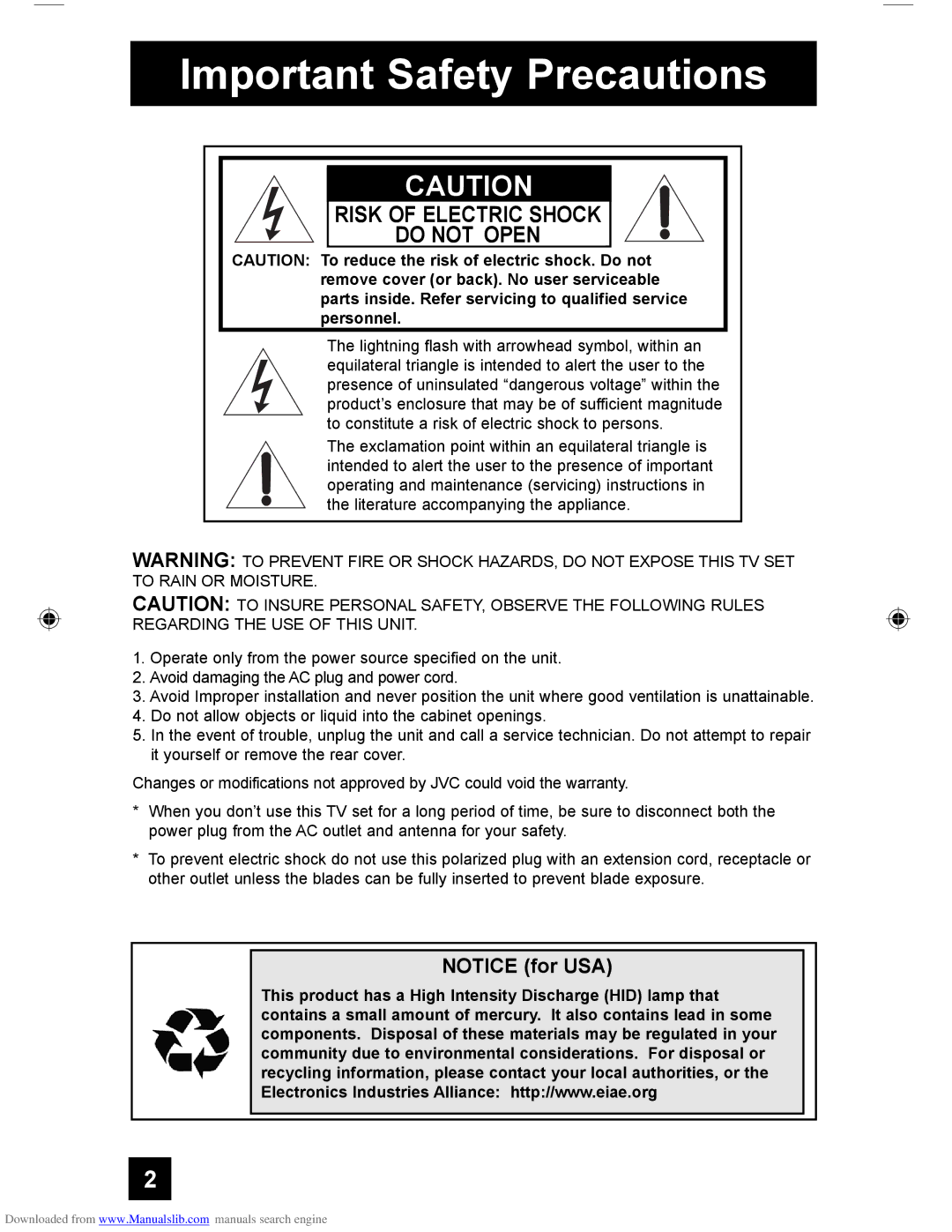 JVC HD-55G466, LCT1928-001A-A, HD-61Z456, HD-55G456 manual Important Safety Precautions, Risk of Electric Shock Do not Open 