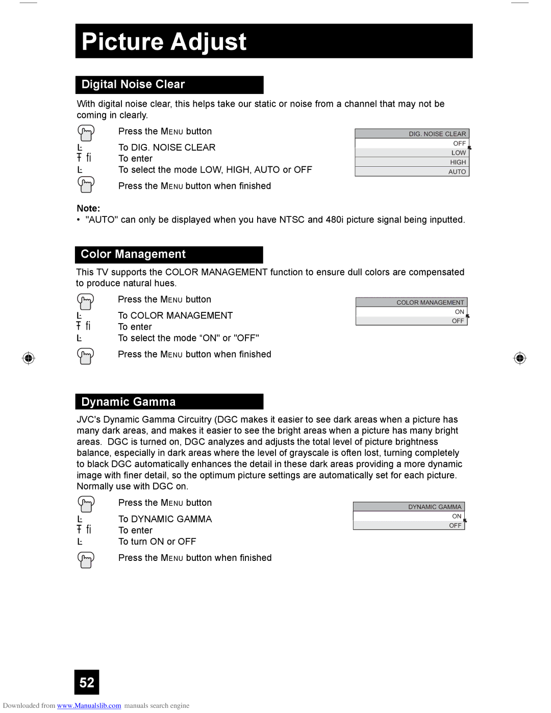 JVC LCT1928-001A-A, HD-61Z456, HD-55G466, HD-55G456 manual Digital Noise Clear, Color Management, Dynamic Gamma 
