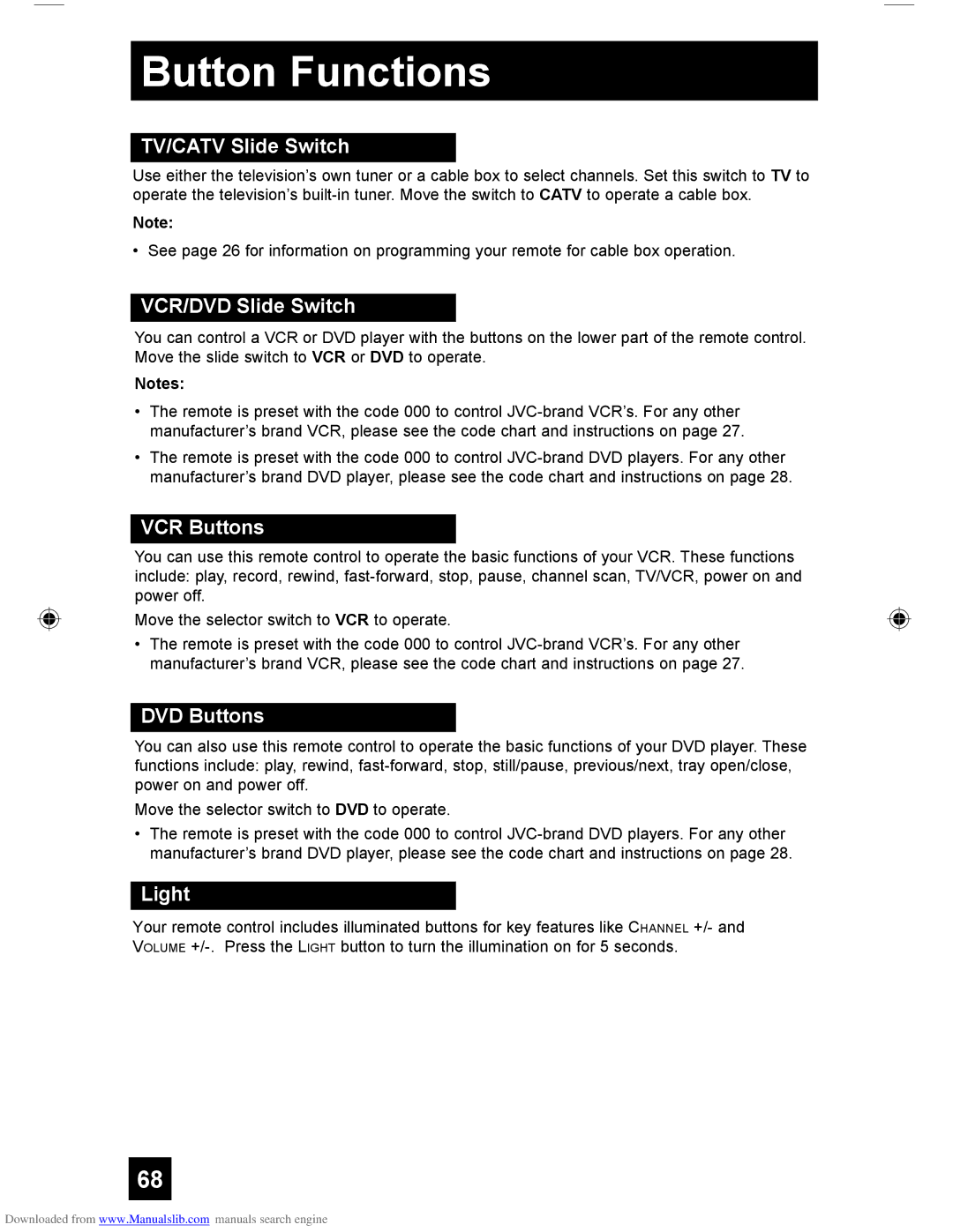 JVC LCT1928-001A-A, HD-61Z456, HD-55G466 manual TV/CATV Slide Switch, VCR/DVD Slide Switch, VCR Buttons, DVD Buttons, Light 