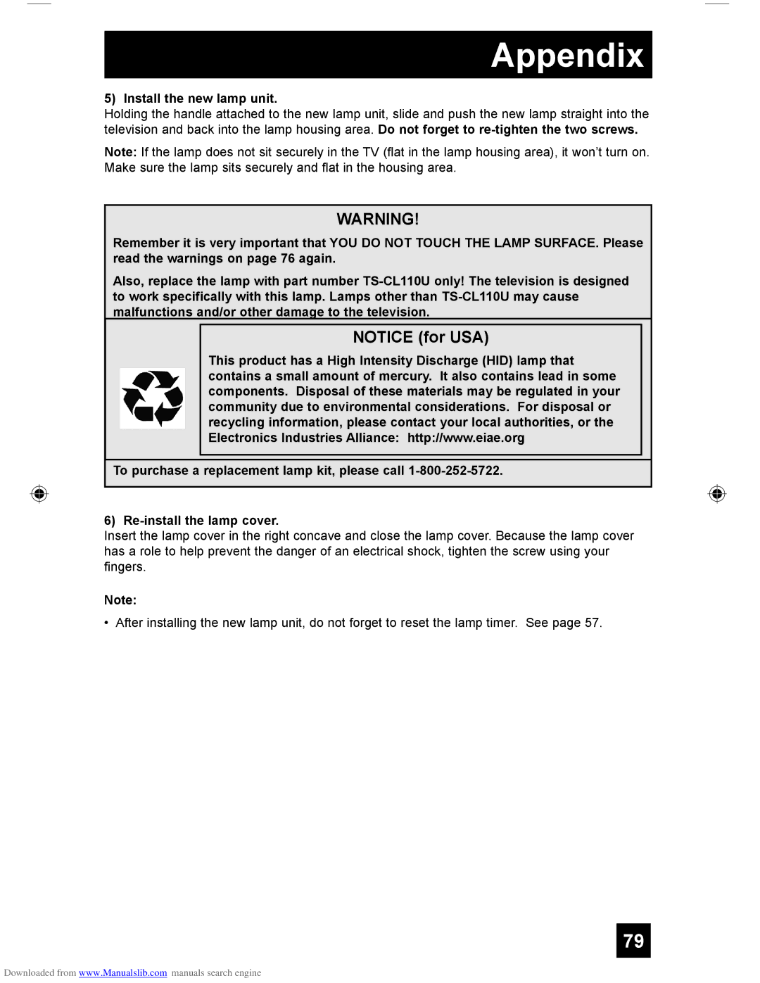 JVC HD-55G456, LCT1928-001A-A, HD-61Z456, HD-55G466 manual Install the new lamp unit 