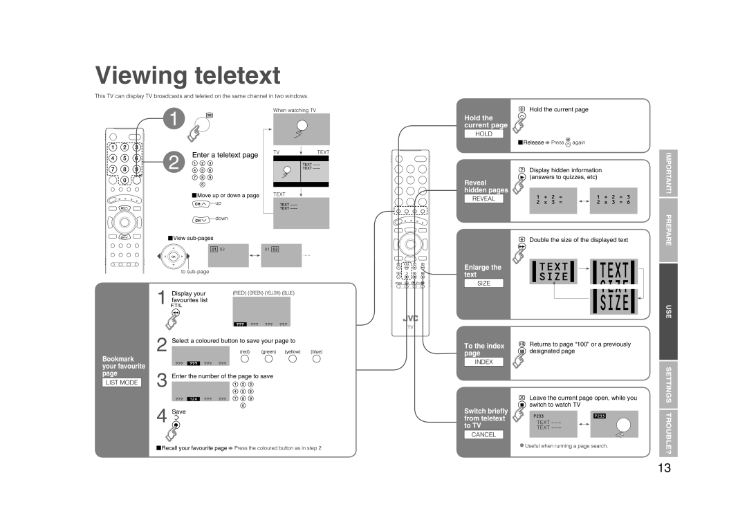 JVC LCT2132-001A, 0706TKH-MW-VPC manual Viewing teletext, Enter a teletext, Bookmark, Your favourite 