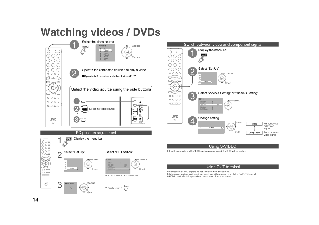 JVC 0706TKH-MW-VPC, LCT2132-001A Watching videos / DVDs, Switch between video and component signal, PC position adjustment 