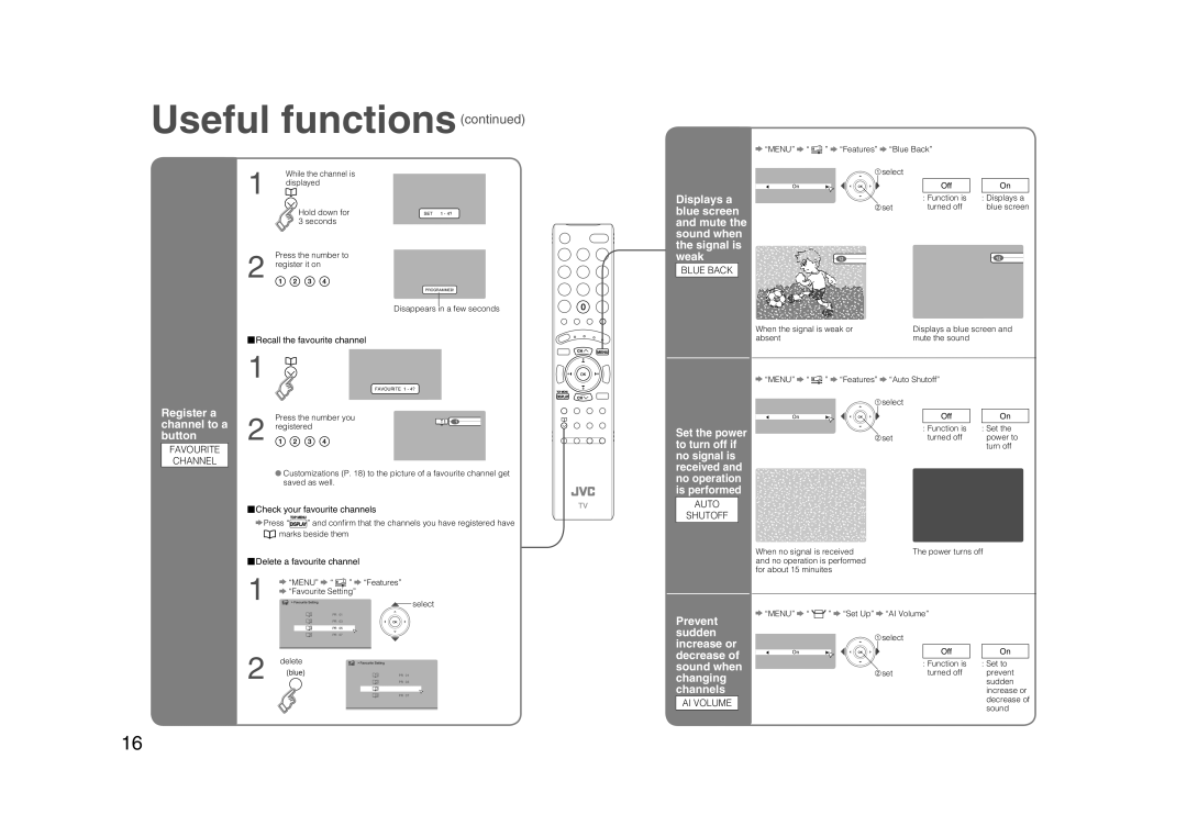 JVC 0706TKH-MW-VPC Displays a, Blue screen, Mute Sound when Signal is Weak, Register a channel to a button, Set the power 