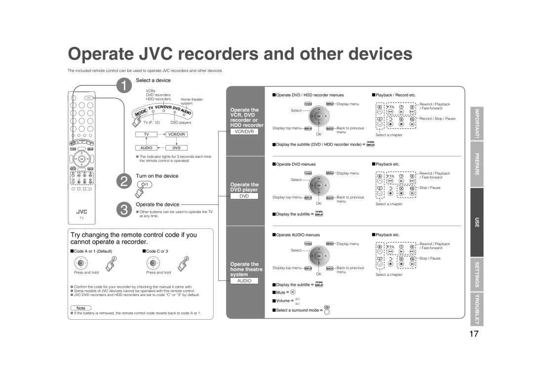 JVC LCT2132-001A, 0706TKH-MW-VPC manual Operate JVC recorders and other devices, Operate VCR, DVD recorder or HDD recorder 