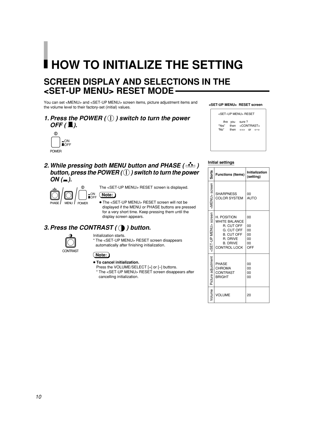 JVC LCT2141-001A-H manual HOW to Initialize the Setting, Screen Display and Selections in the SET-UP Menu Reset Mode 