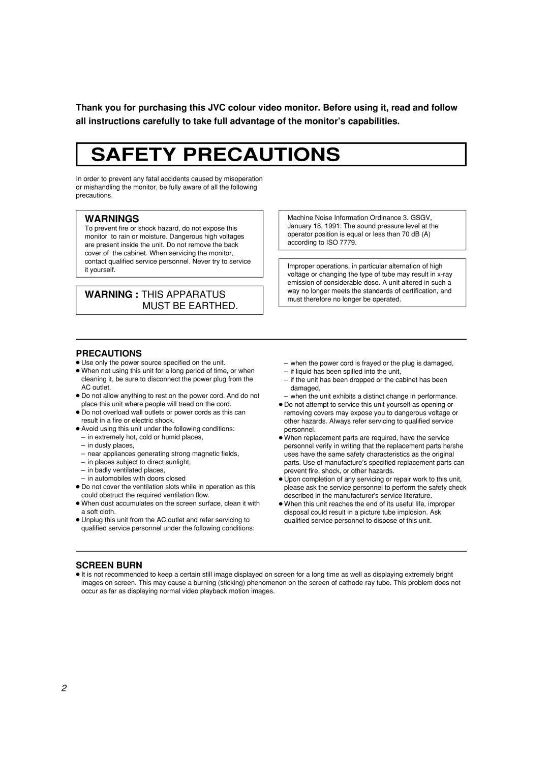 JVC LCT2141-001A-H manual Safety Precautions 