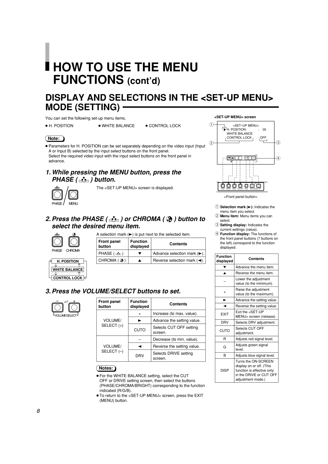 JVC LCT2141-001A-H manual HOW TO USE THE MENU FUNCTIONS cont’d, Display And Selections In The Set-Up Menu Mode Setting 