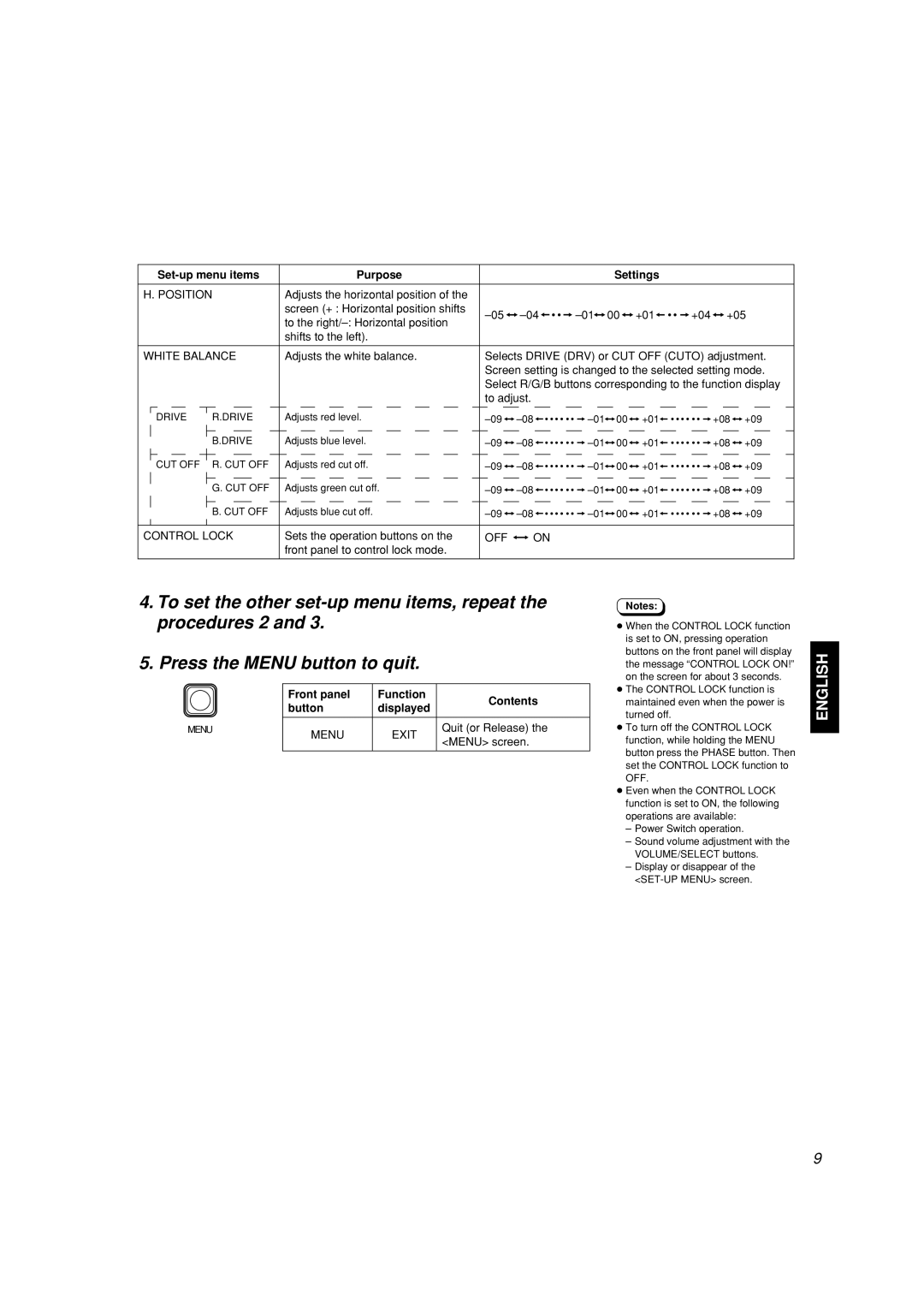 JVC LCT2142-001A-H manual Set-up menu items Purpose Settings, Position, Off 