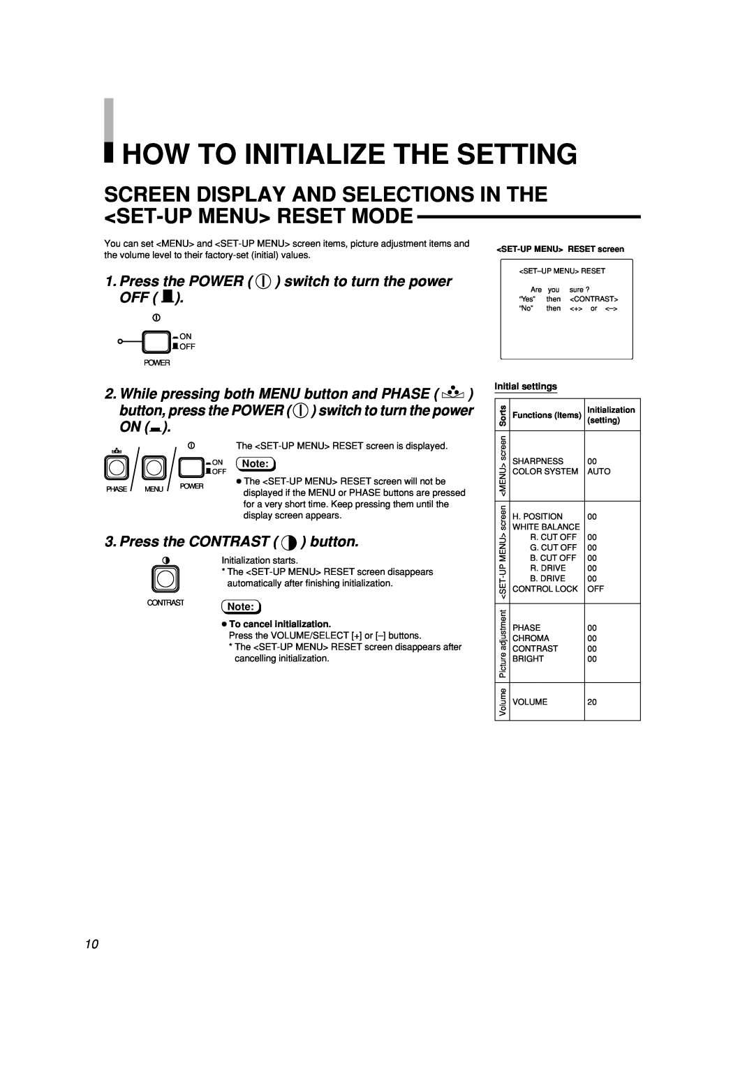 JVC LCT2142-001A-H manual How To Initialize The Setting, Screen Display And Selections In The Set-Up Menu Reset Mode 