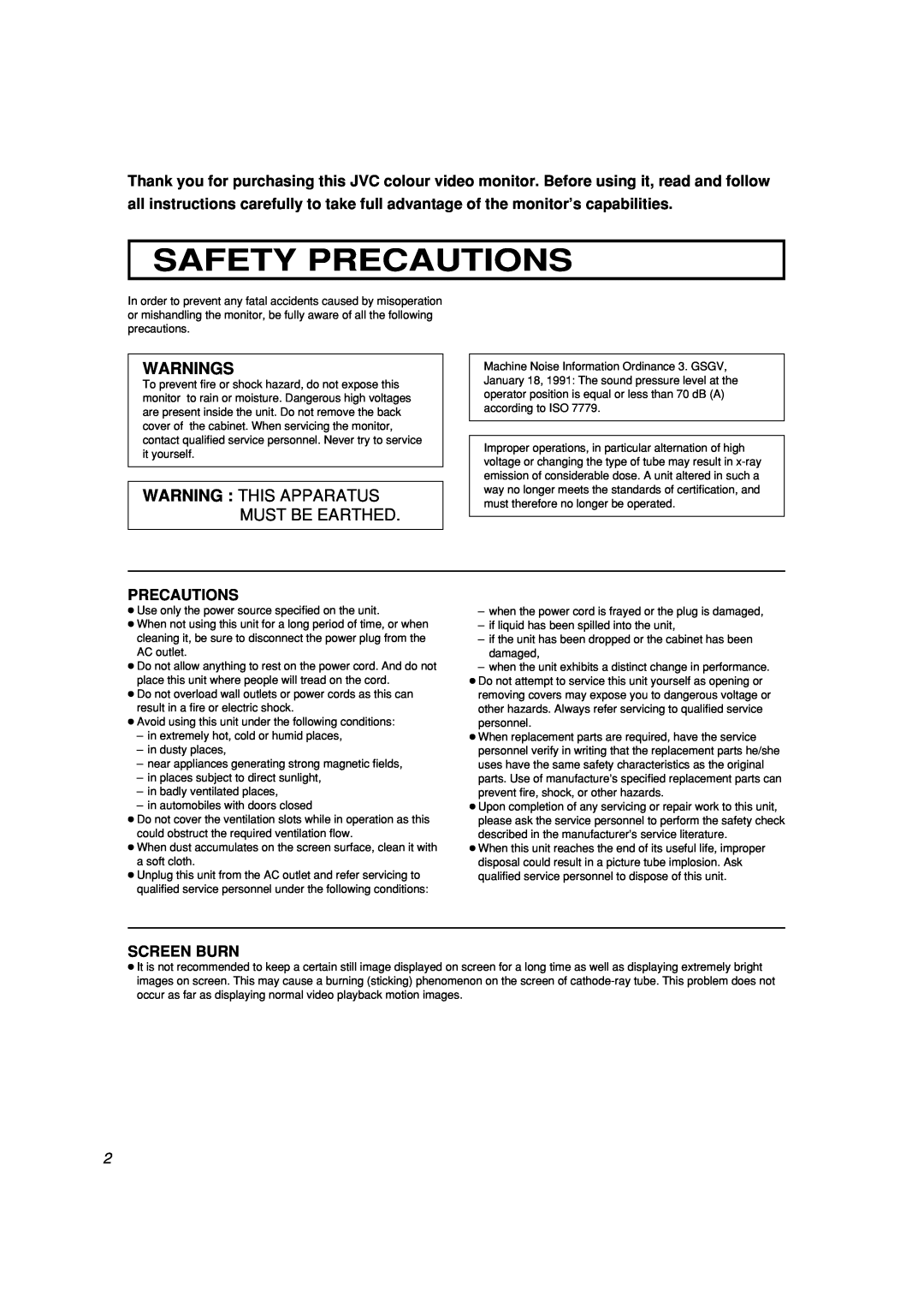 JVC LCT2142-001A-H manual Safety Precautions, Warnings, Screen Burn, Warning This Apparatus Must Be Earthed 