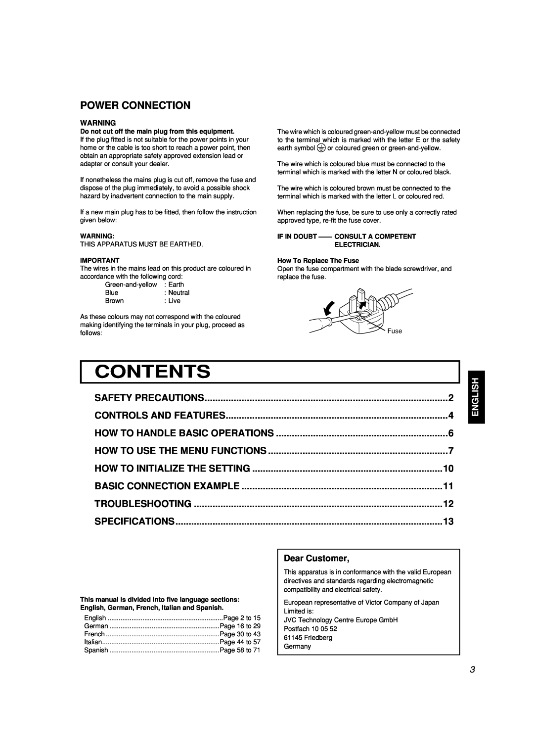JVC LCT2142-001A-H Contents, Power Connection, How To Initialize The Setting, Basic Connection Example, Safety Precautions 