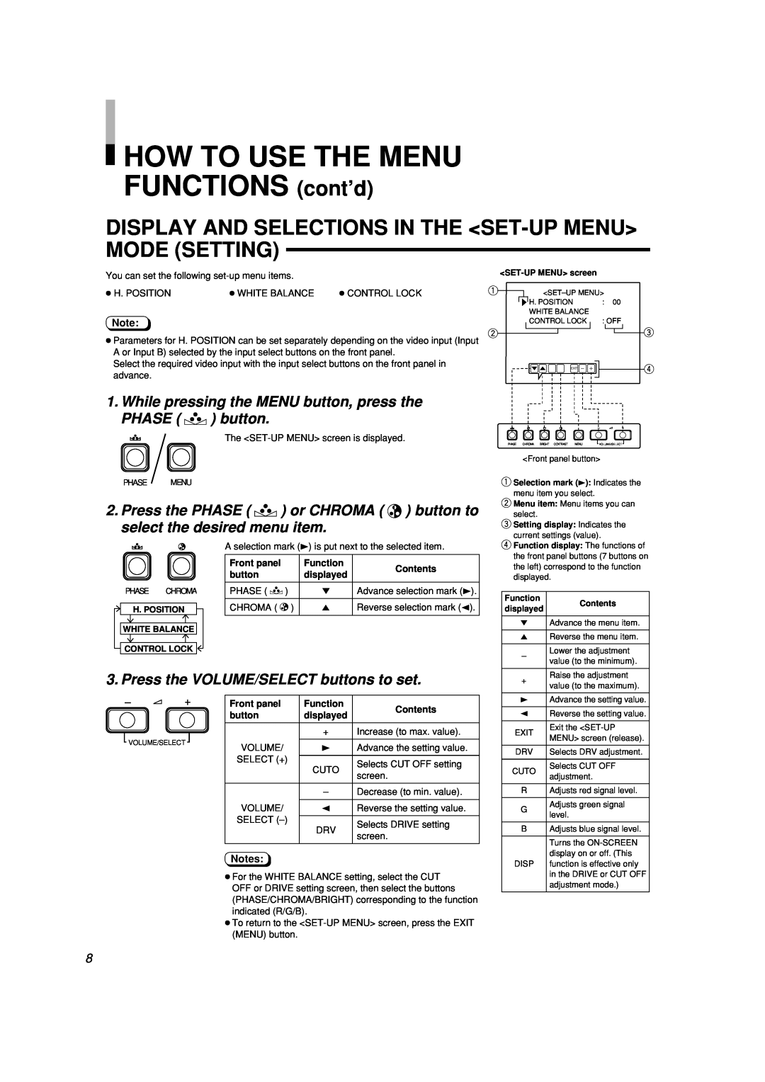 JVC LCT2142-001A-H manual HOW TO USE THE MENU FUNCTIONS cont’d, Display And Selections In The Set-Up Menu Mode Setting 