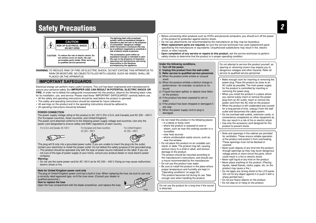 JVC LCT2505-001A-H manual Safety Precautions, Under the following conditions, Power Connection, How to replace the fuse 