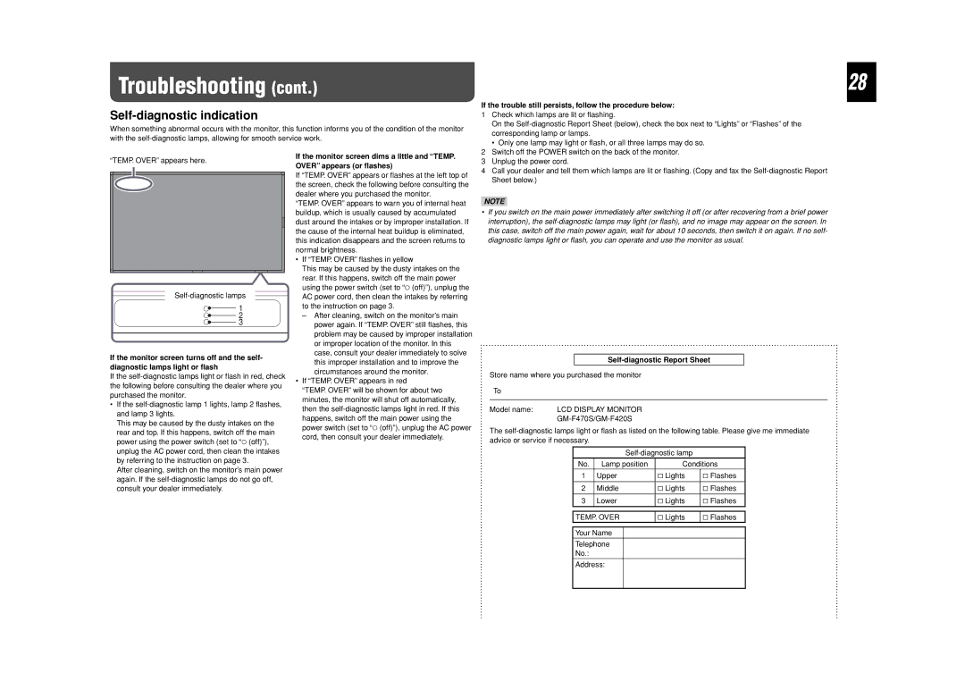 JVC LCT2505-001A-H manual Self-diagnostic indication, If the trouble still persists, follow the procedure below, TEMP. Over 