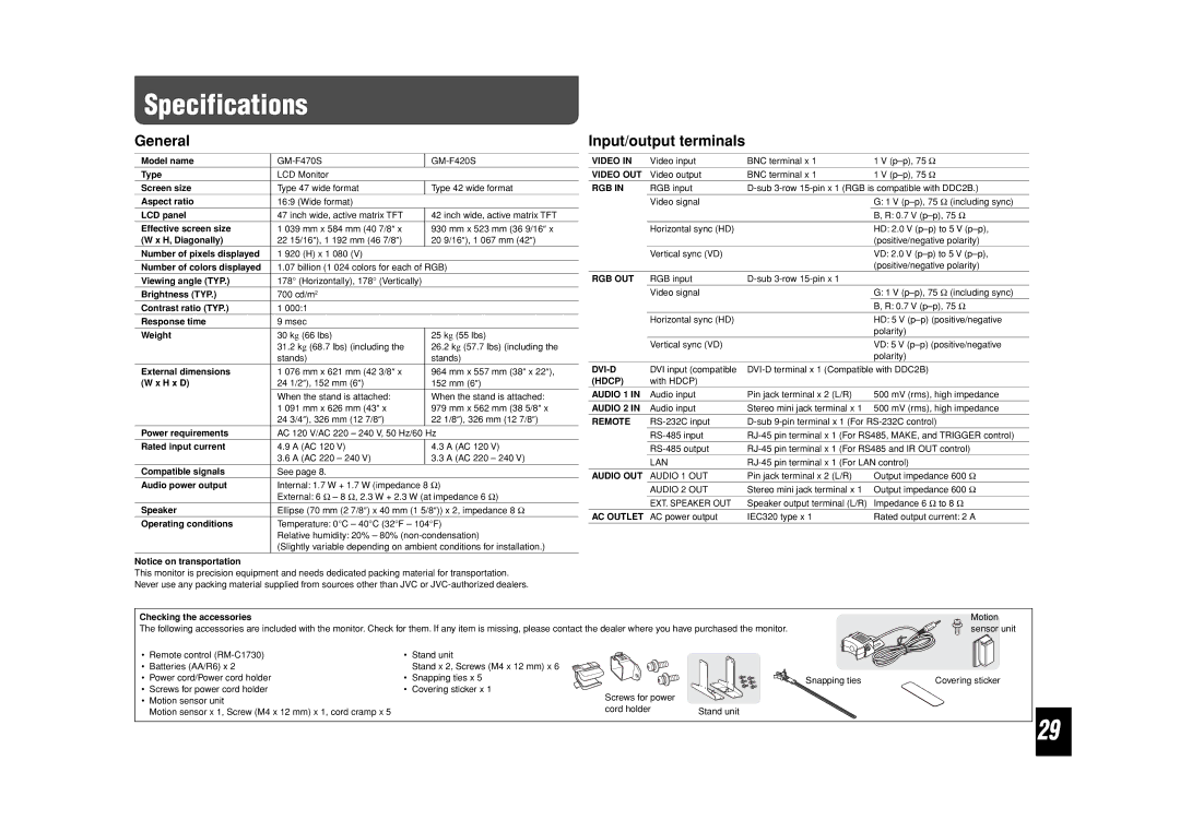 JVC LCT2505-001A-H manual Specifications, General, Input/output terminals 