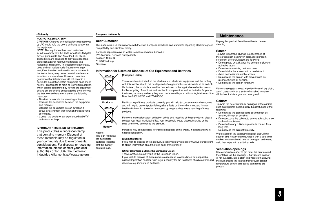 JVC LCT2505-001A-H manual Maintenance, Dear Customer, Screen, Cabinet, Ventilation openings 