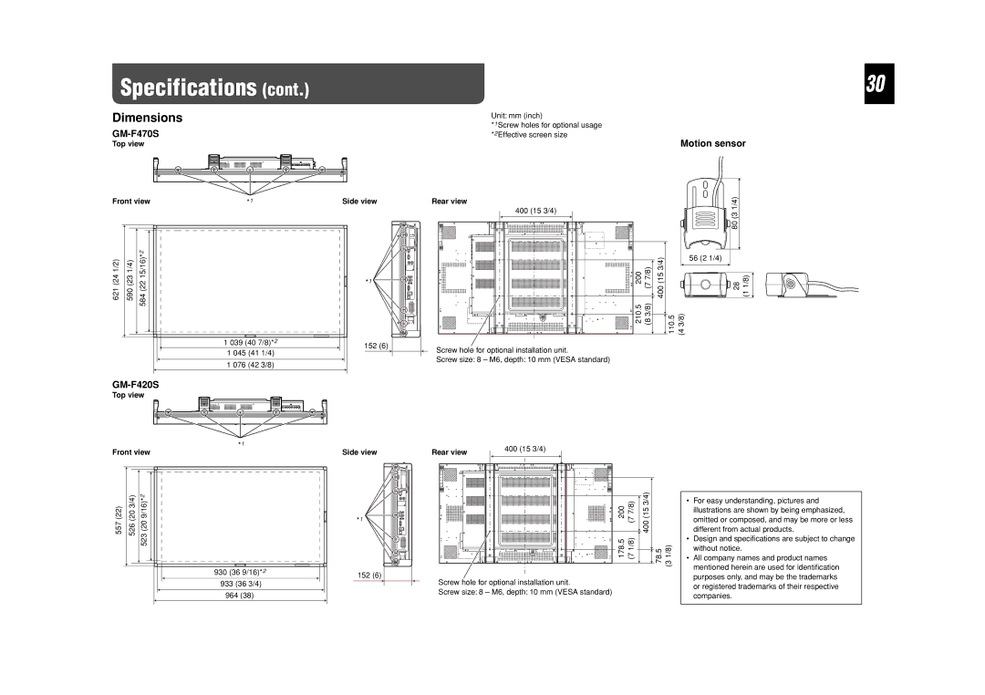 JVC LCT2505-001A-H manual Dimensions, GM-F470S, Motion sensor, GM-F420S 