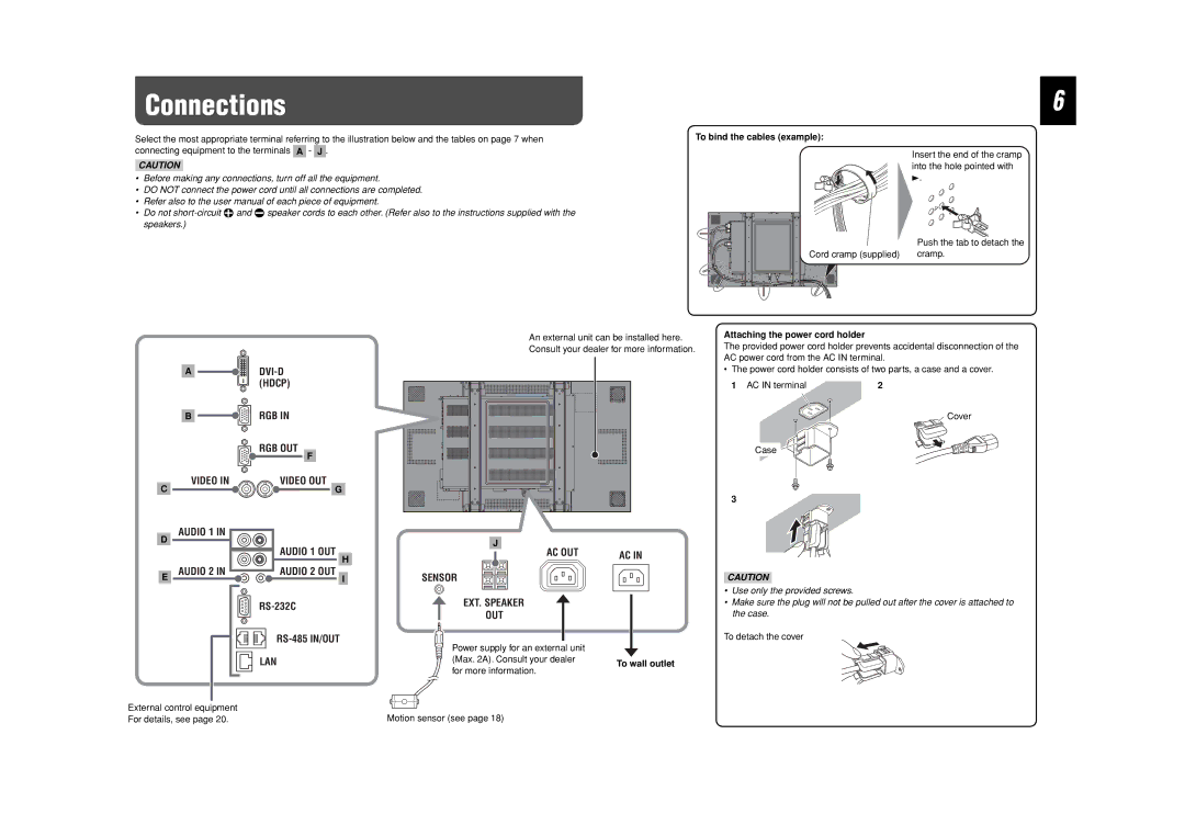 JVC LCT2505-001A-H manual Connections, To bind the cables example, Attaching the power cord holder, AC in terminal 