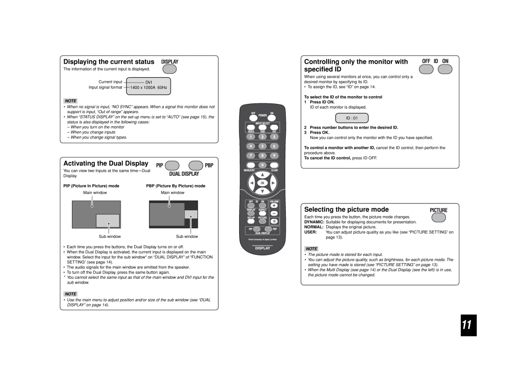JVC LCT2505-001A-H manual Displaying the current status, Activating the Dual Display, Selecting the picture mode 