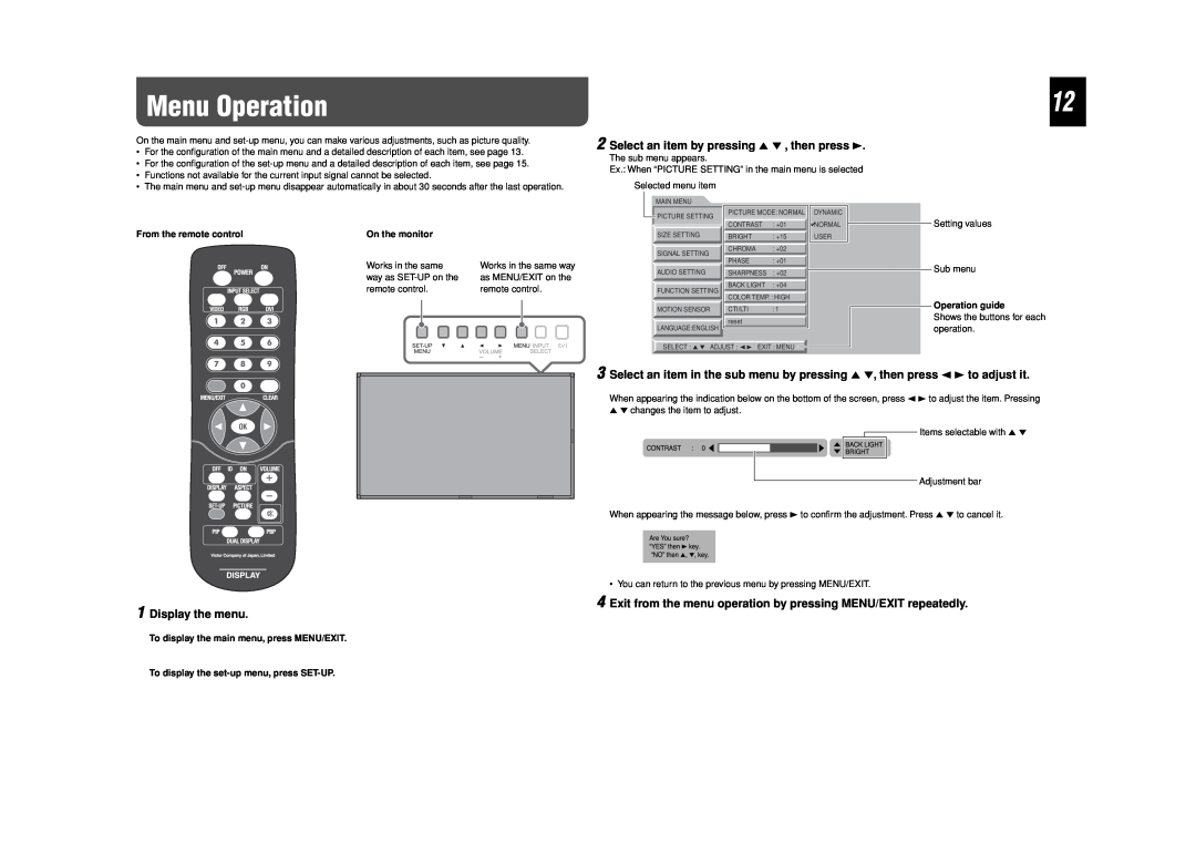 JVC LCT2505-001A-H manual Menu Operation, Select an item by pressing 5 ∞ , then press, Display the menu 