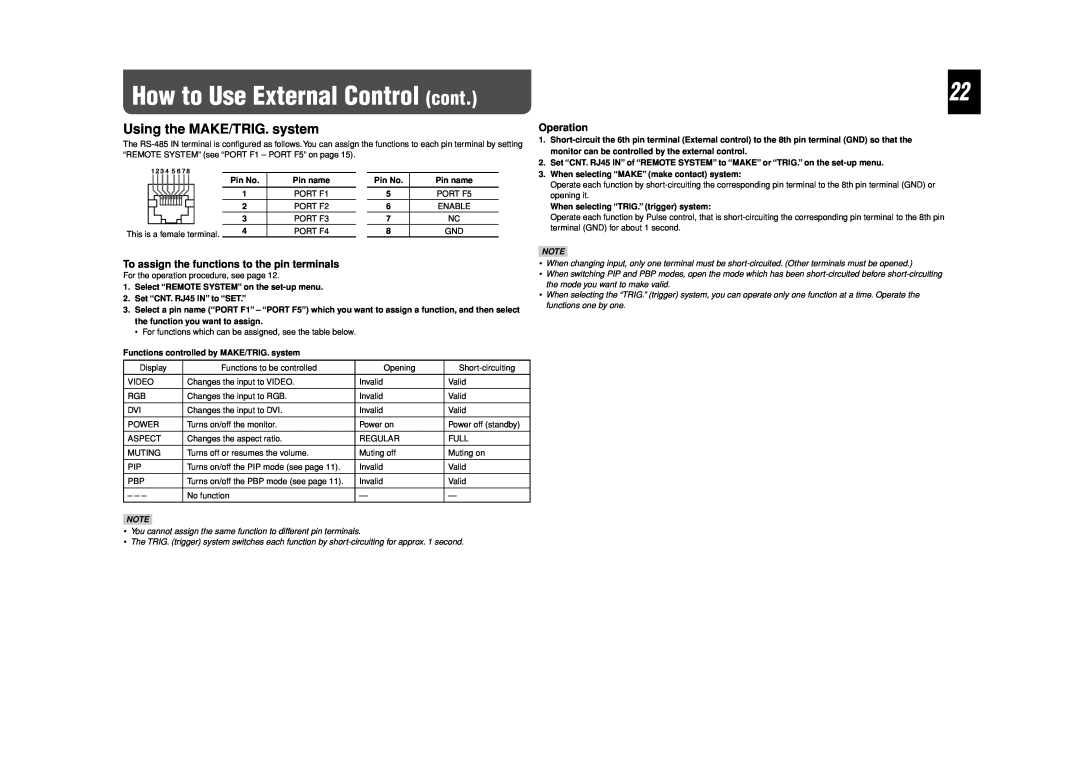 JVC LCT2505-001A-H manual How to Use External Control cont, Using the MAKE/TRIG. system, Operation 