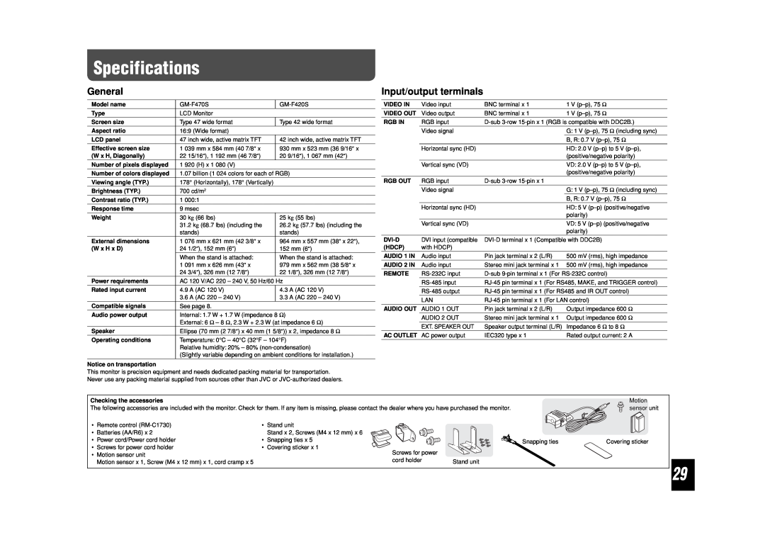 JVC LCT2505-001A-H manual Specifications, General, Input/output terminals 