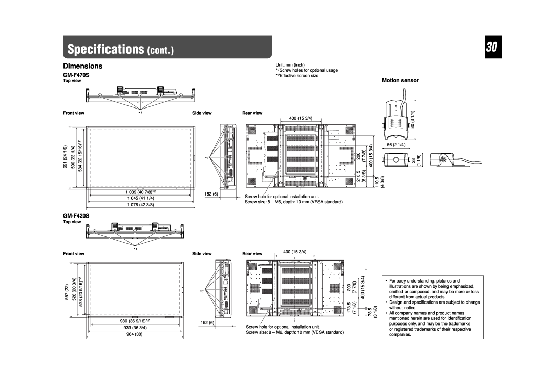 JVC LCT2505-001A-H manual Specifications cont, Dimensions, GM-F470S, Motion sensor, GM-F420S 