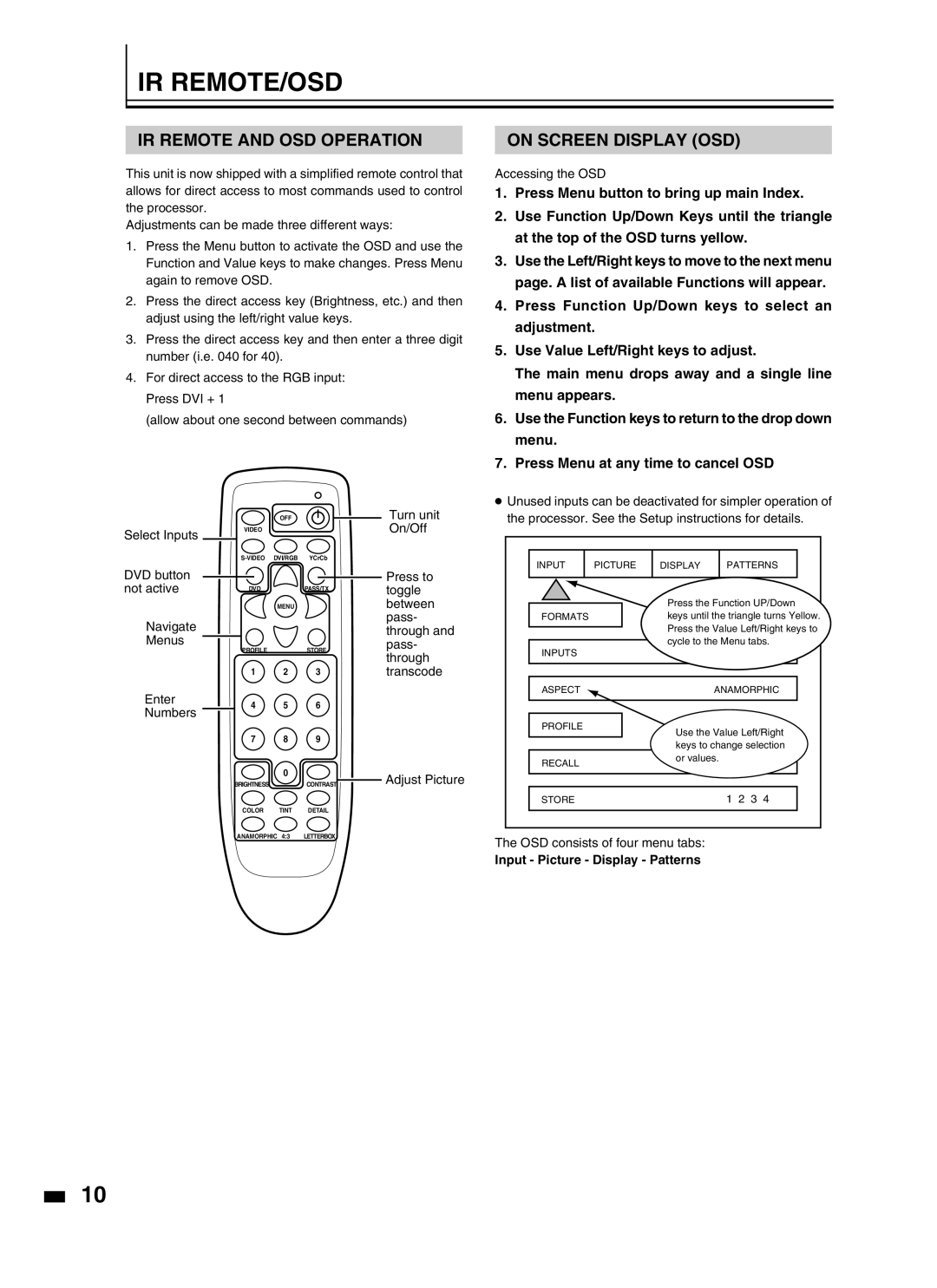 JVC LD-HD2KE, LD-HD2KU Ir Remote/Osd, IR Remote and OSD Operation, On Screen Display OSD, Input Picture Display Patterns 