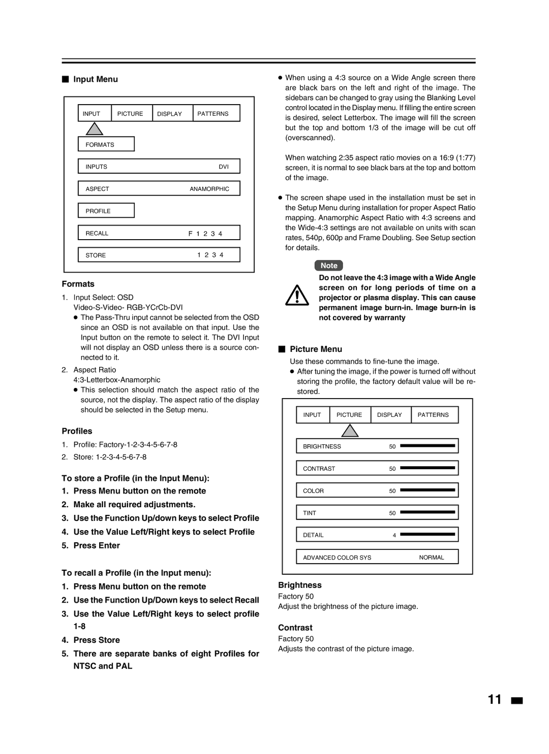 JVC LD-HD2KU, LD-HD2KE instruction manual  Input Menu, Formats, Profiles,  Picture Menu, Brightness, Contrast 