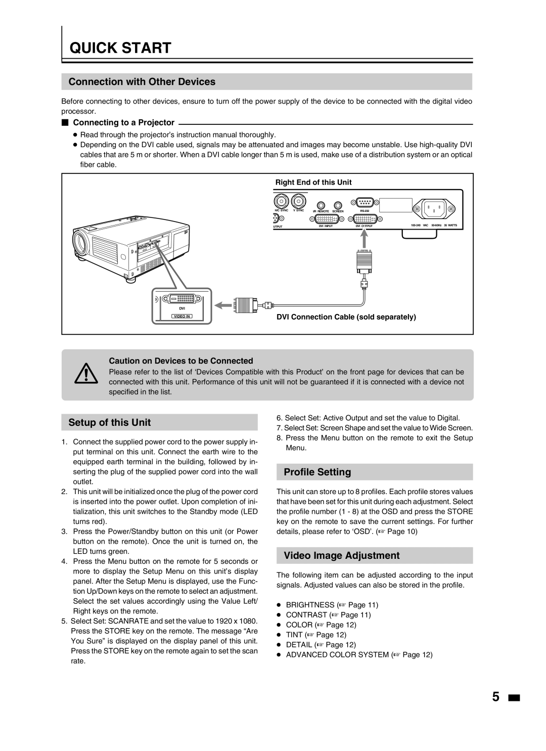 JVC LD-HD2KU Quick Start, Connection with Other Devices, Setup of this Unit, Profile Setting, Video Image Adjustment 