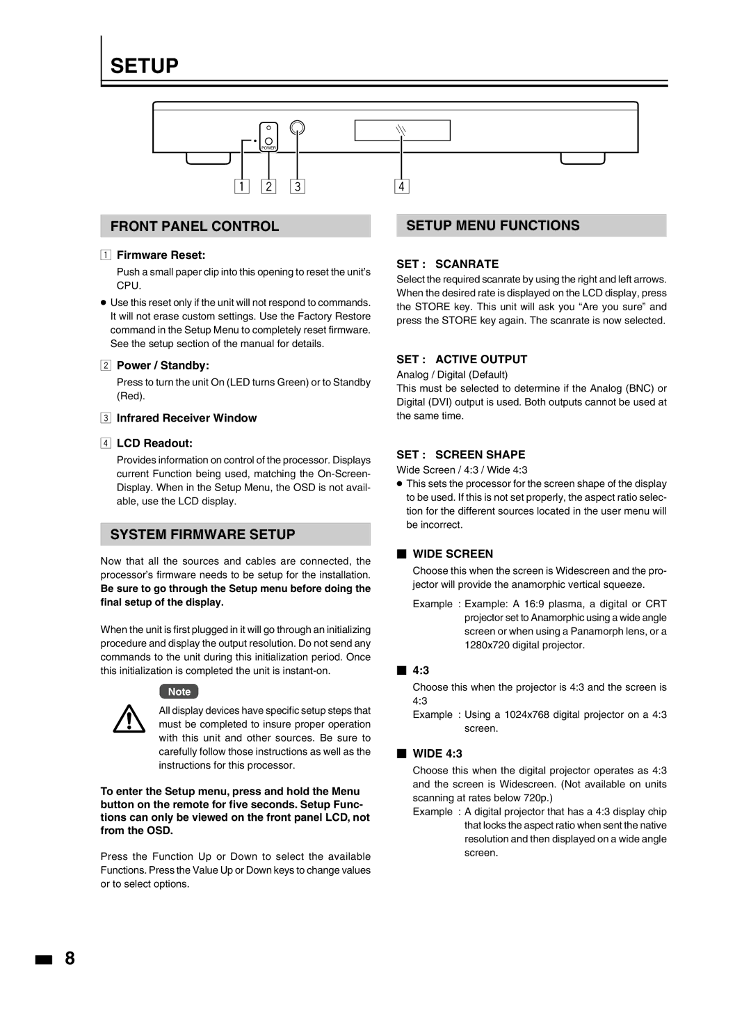 JVC LD-HD2KE, LD-HD2KU instruction manual Front Panel Control, Setup Menu Functions, System Firmware Setup 