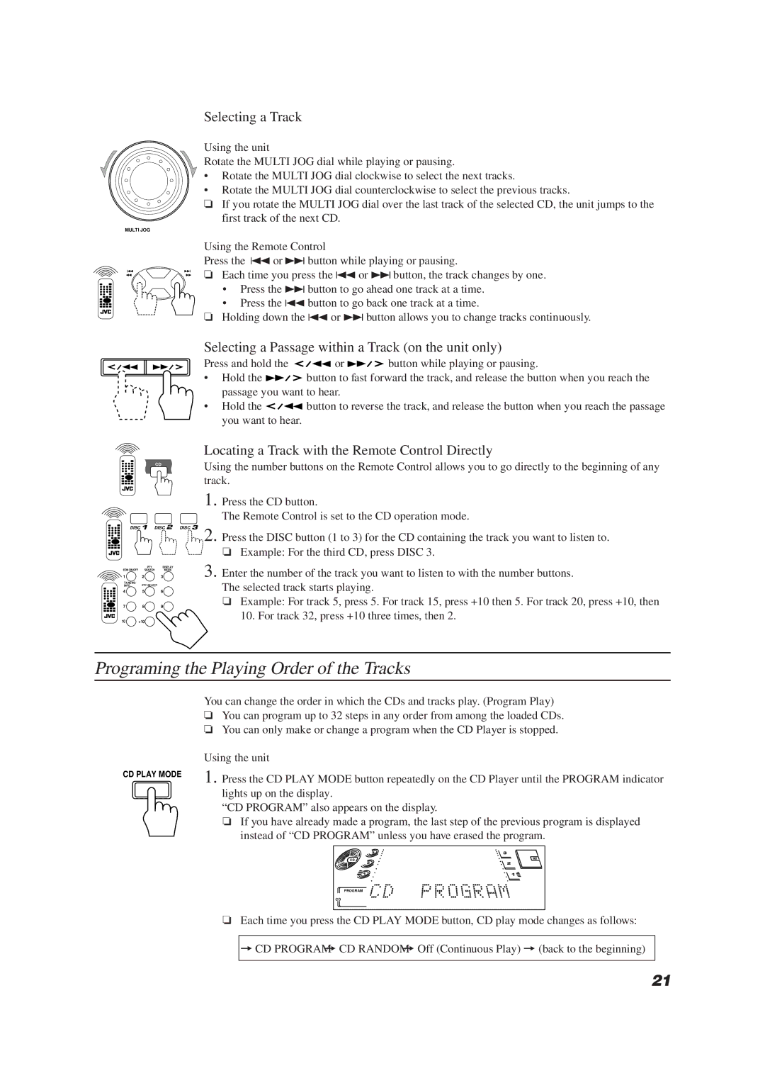 JVC LET0070-002A manual Programing the Playing Order of the Tracks, Selecting a Track 