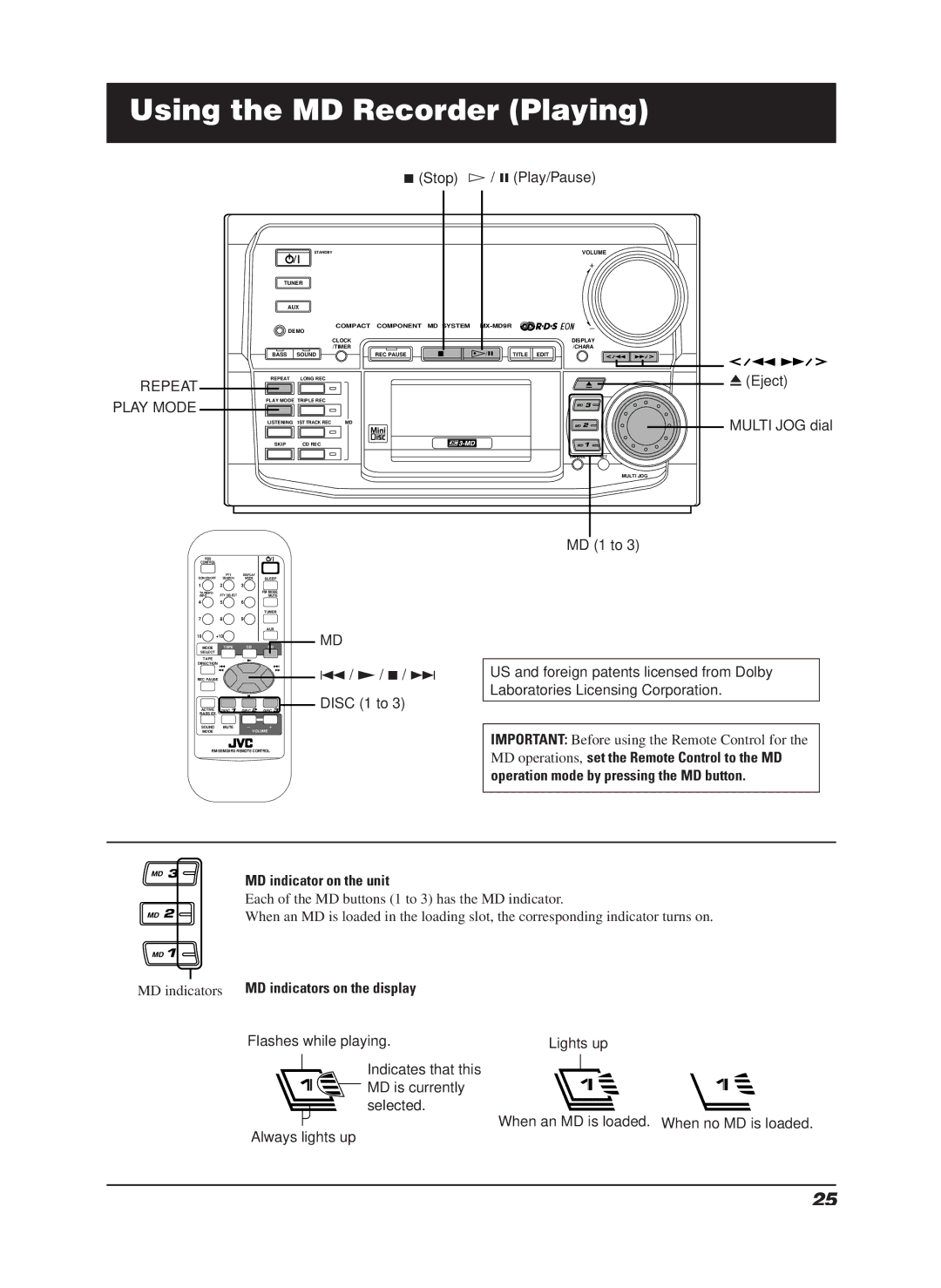 JVC LET0070-002A manual Using the MD Recorder Playing, Stop Ü / 8 Play/Pause, MD 1 to, MD indicator on the unit 