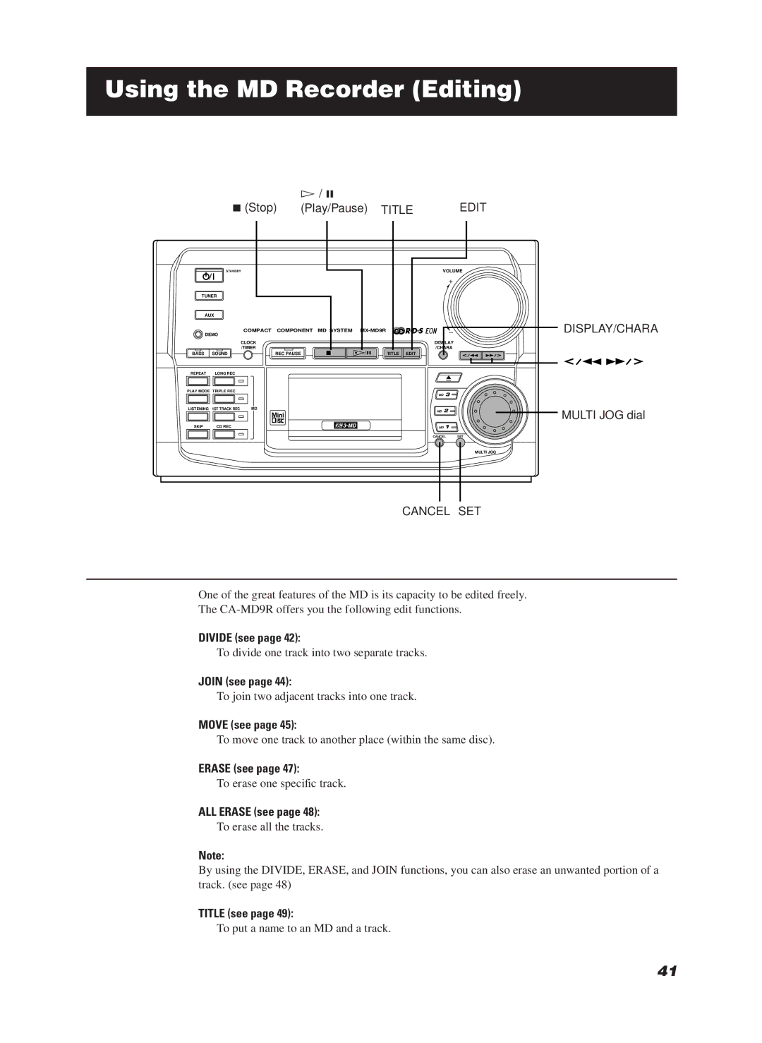 JVC LET0070-002A manual Using the MD Recorder Editing 