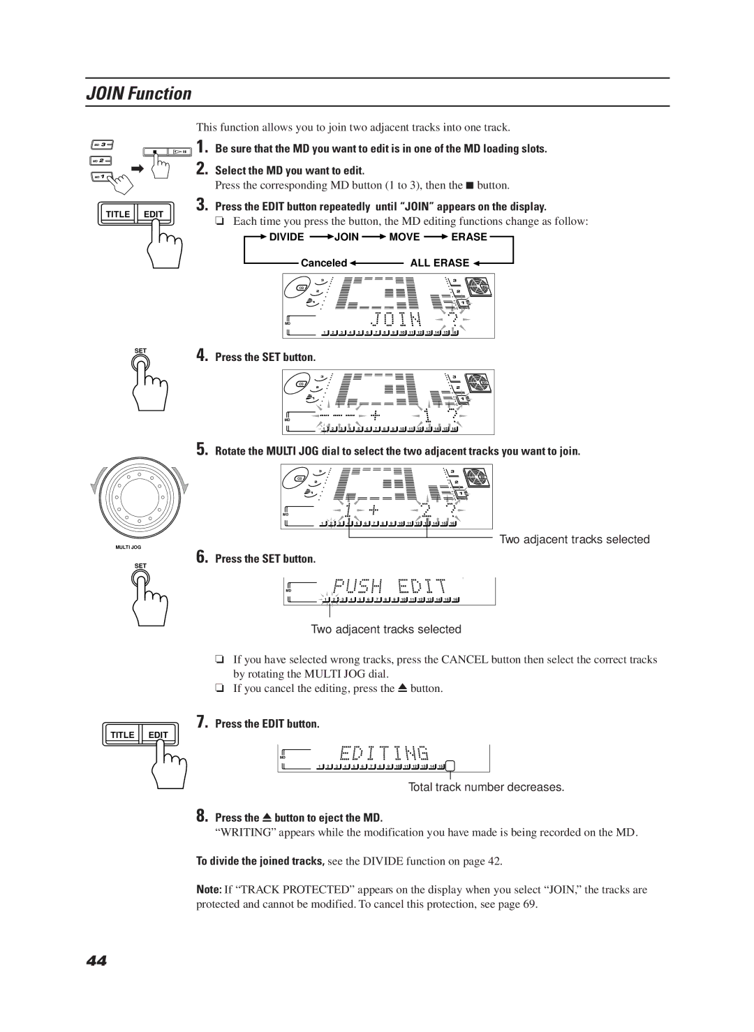 JVC LET0070-002A manual Join Function, Two adjacent tracks selected, Total track number decreases 