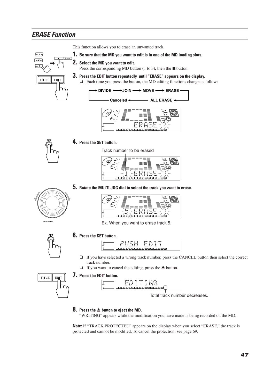 JVC LET0070-002A manual Erase Function, Track number to be erased, Ex. When you want to erase track 