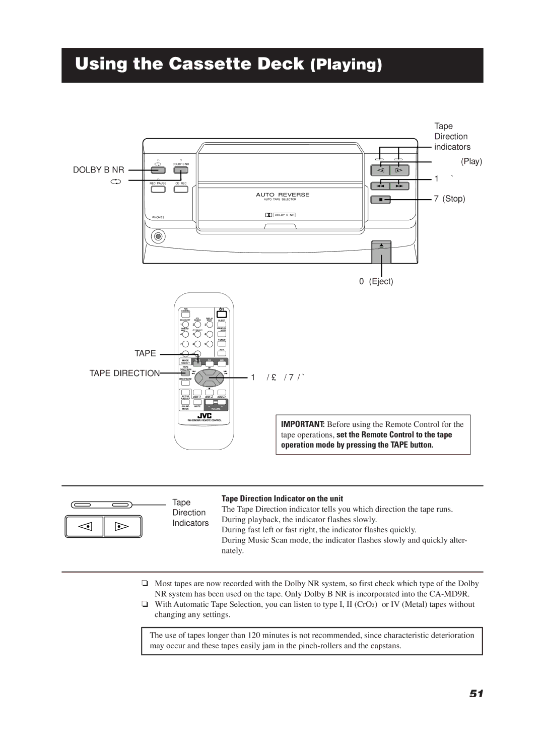 JVC LET0070-002A manual Using the Cassette Deck Playing, Tape Direction Indicator on the unit 