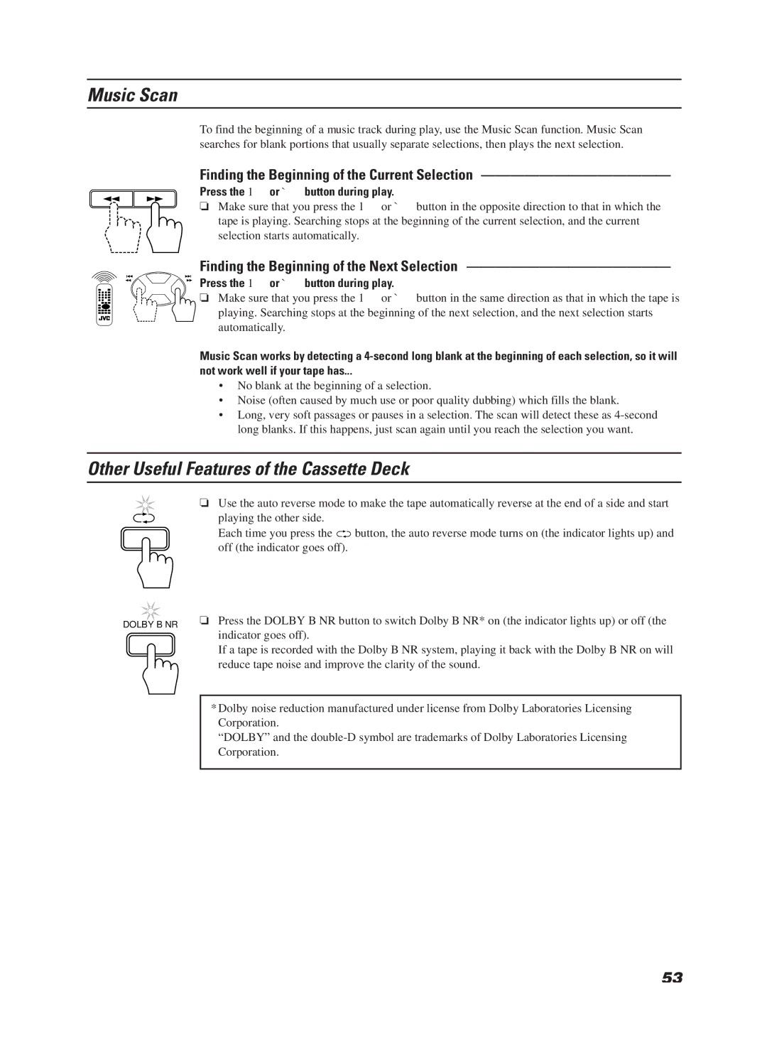 JVC LET0070-002A Music Scan, Other Useful Features of the Cassette Deck, Finding the Beginning of the Current Selection 